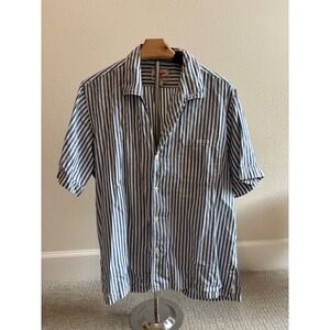 Battenwear Mens Blue White Striped Short Sleeve Island Shirt Made in USA Large